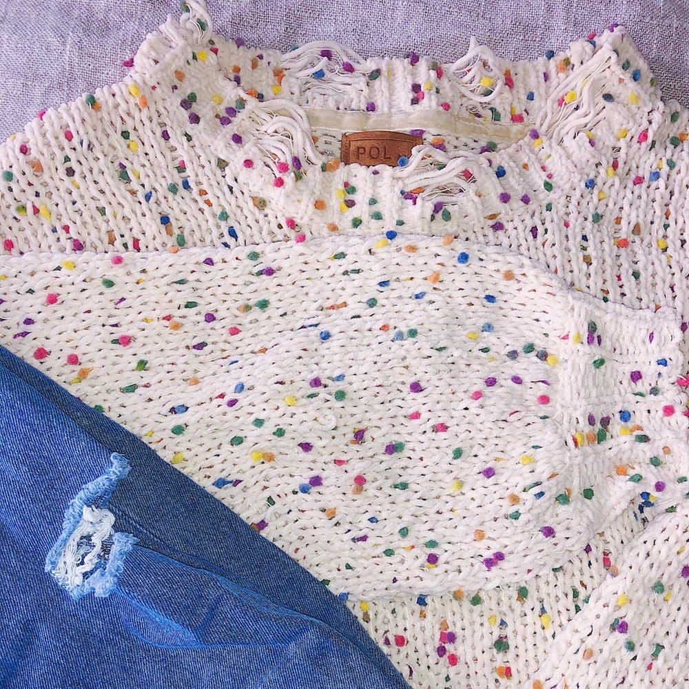 POL Confetti Distressed Chunky Chenille Sweater